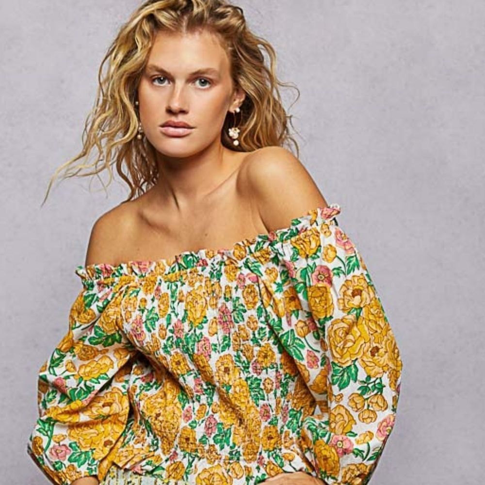 POL Women's Casual Smocked Floral Off-Shoulder Puff Sleeve Top in Yellow sz Smal - Picture 5 of 8